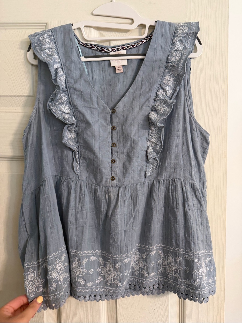 Light Blue Embroidered Ruffle V-Neck Women's Top